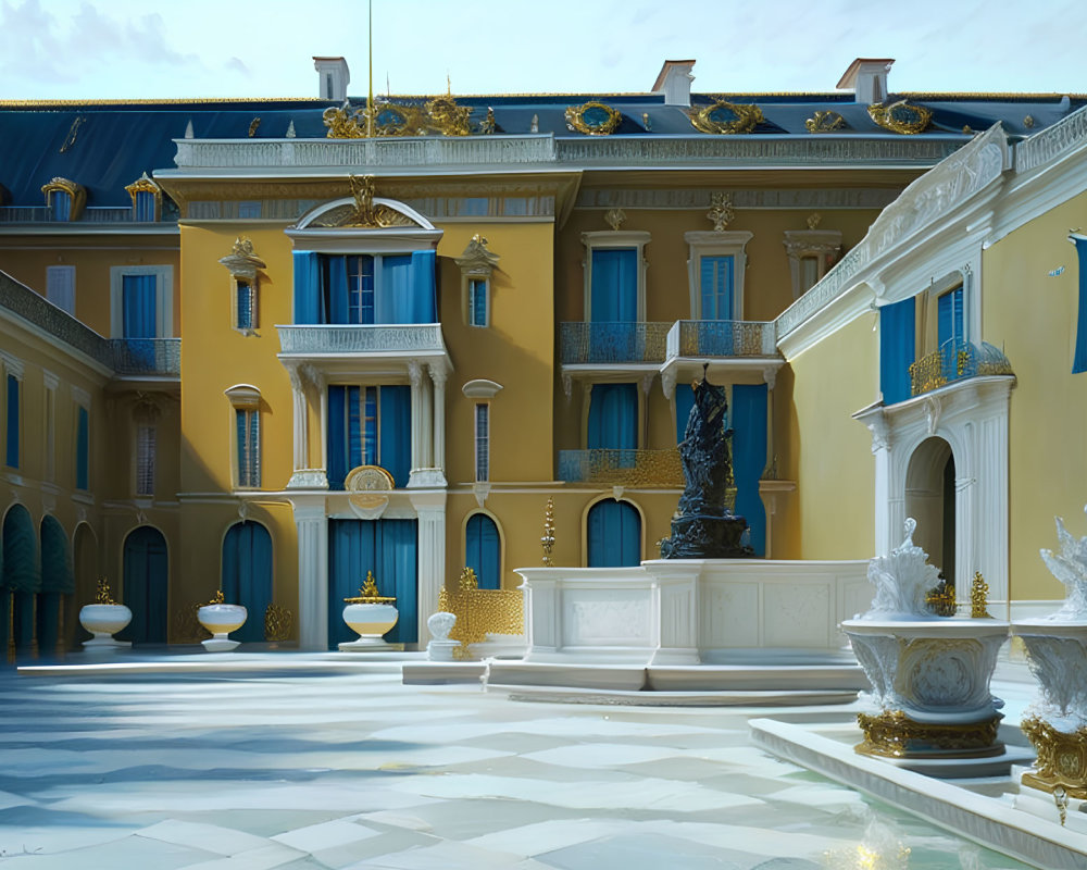 Classical Building with Yellow Facade, Blue Shutters, Fountain, Statues, and Tiled