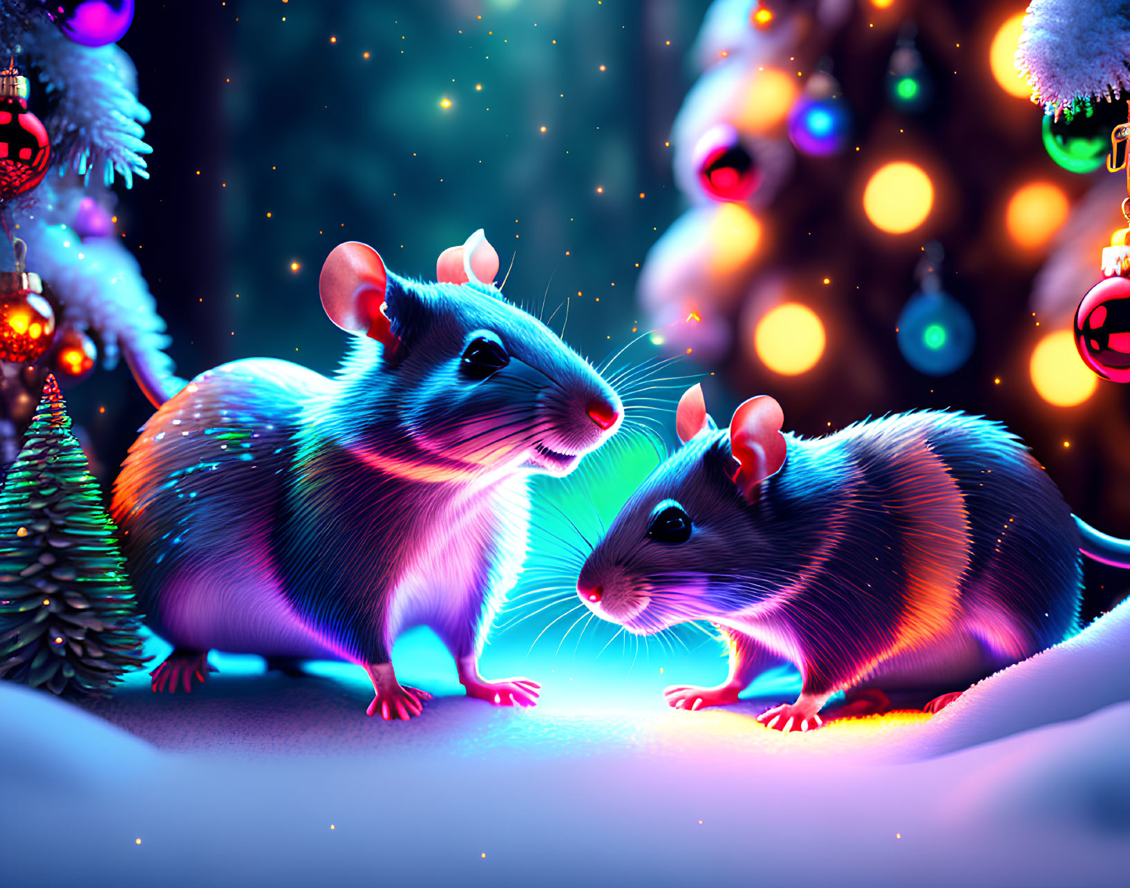 Illustrated mice in festive hats in colorful winter scene with Christmas tree