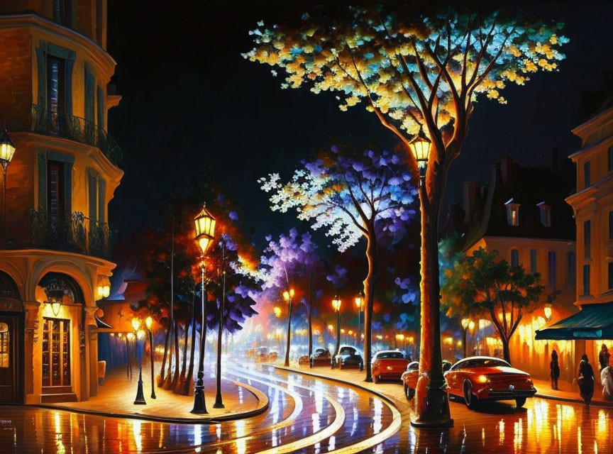 Vintage street lamps and colorful trees in reflective night scene