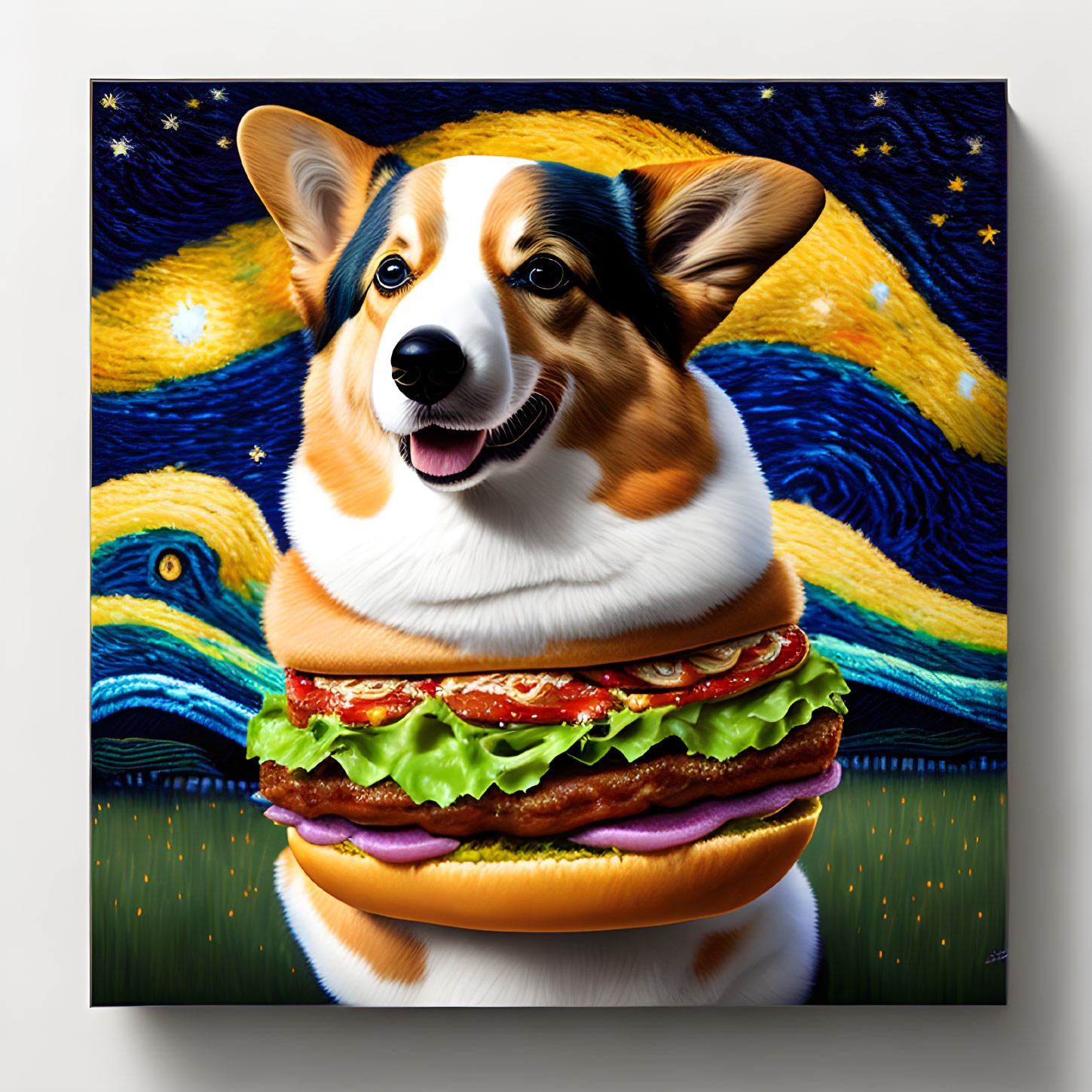 Surreal corgi head on hamburger against Starry Night background