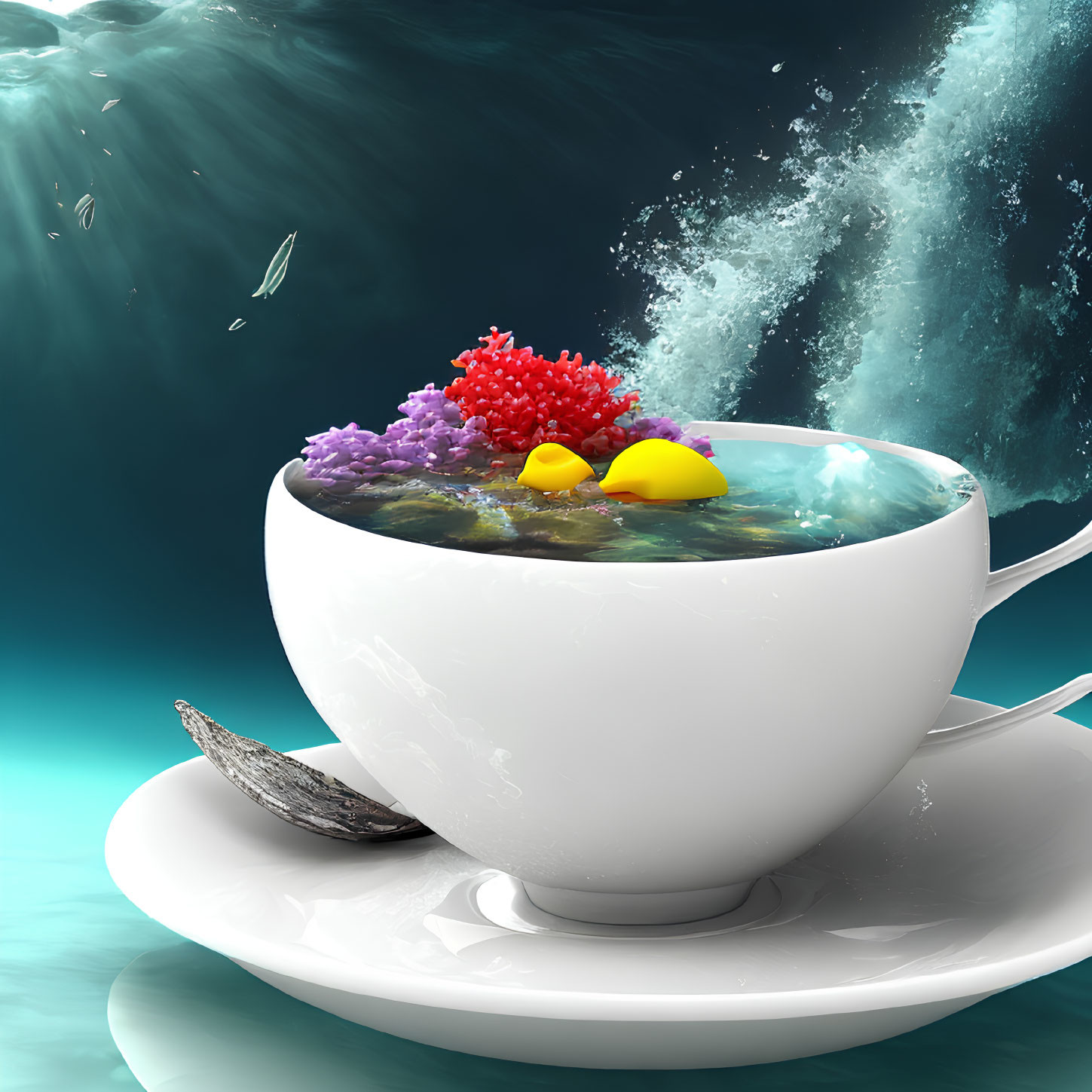 Surreal 3D illustration of white cup with ocean ecosystem and colorful fish