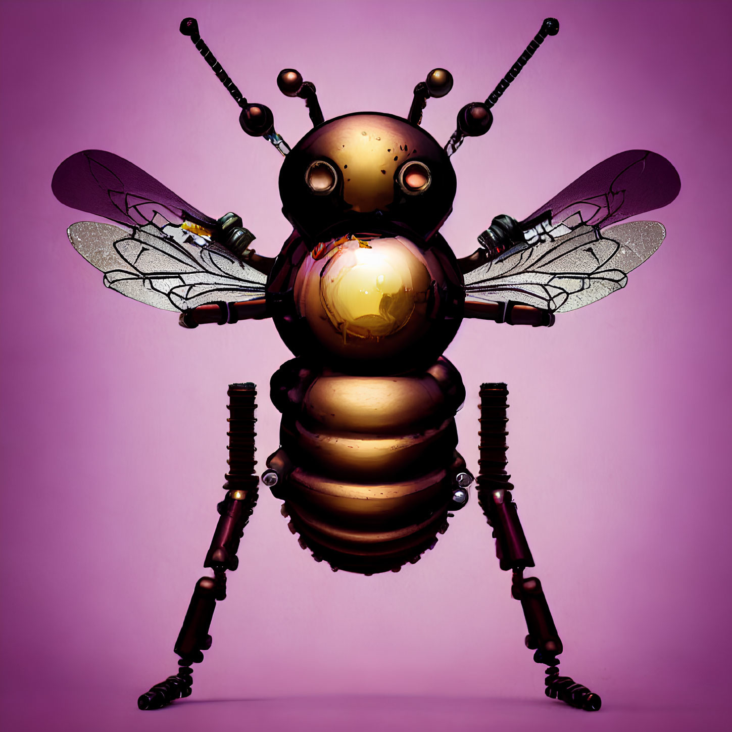 Stylized mechanical bee with metallic body parts and transparent wings on purple background