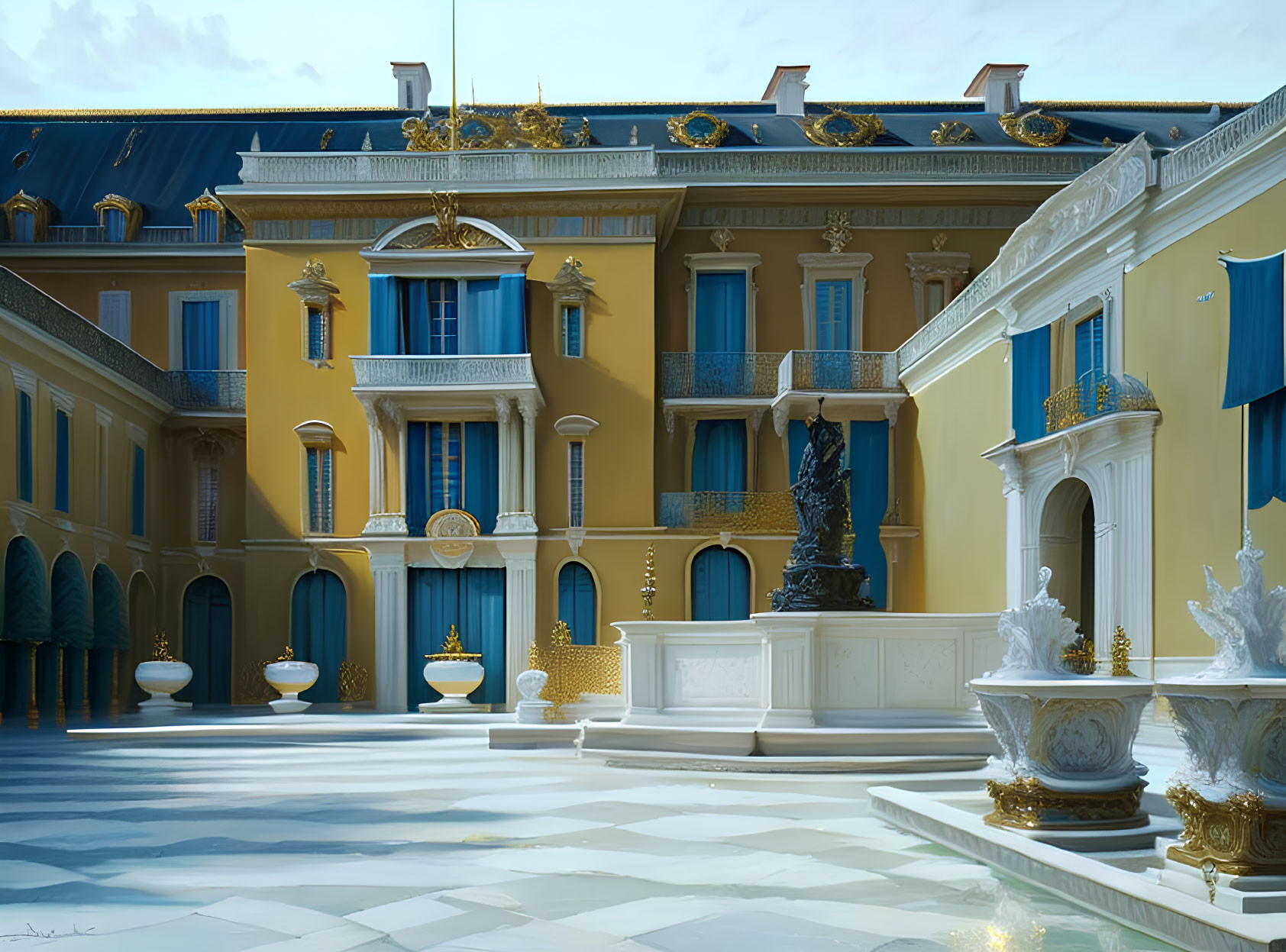 Classical Building with Yellow Facade, Blue Shutters, Fountain, Statues, and Tiled