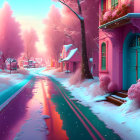 Fantasy village with whimsical cottages and glowing windows in snowy twilight