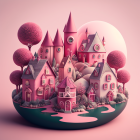 Floating island with pink-purple trees and fairytale houses under pastel sunset sky