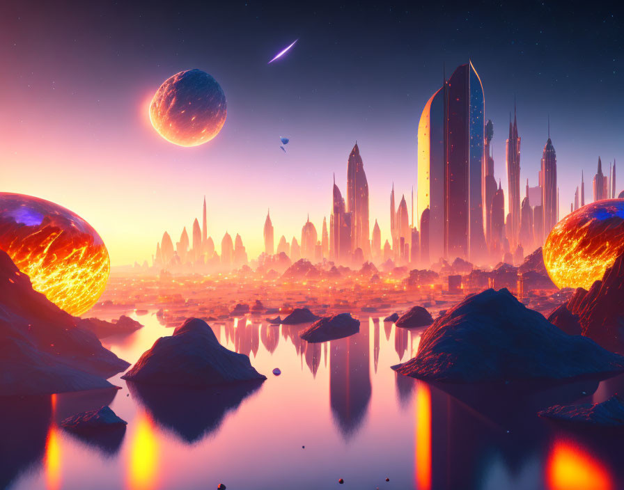 Futuristic cityscape with towering spires, reflective lake, glowing orbs, floating rocks, and