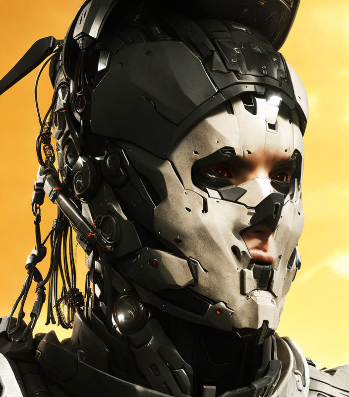 Detailed futuristic robotic head with visible wires on orange backdrop