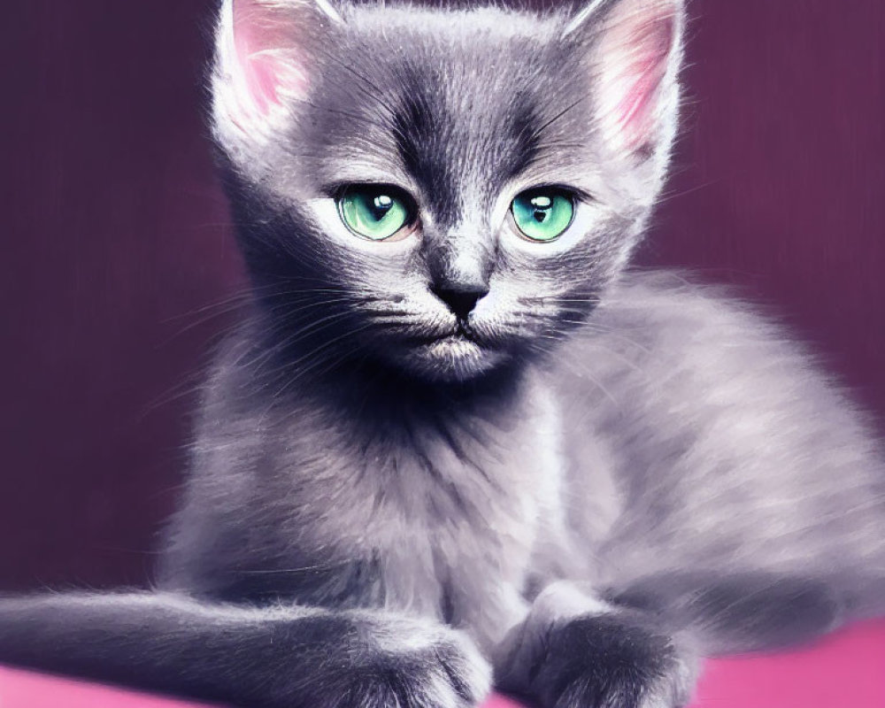 Grey Kitten with Green Eyes on Pink Surface Against Purple Background