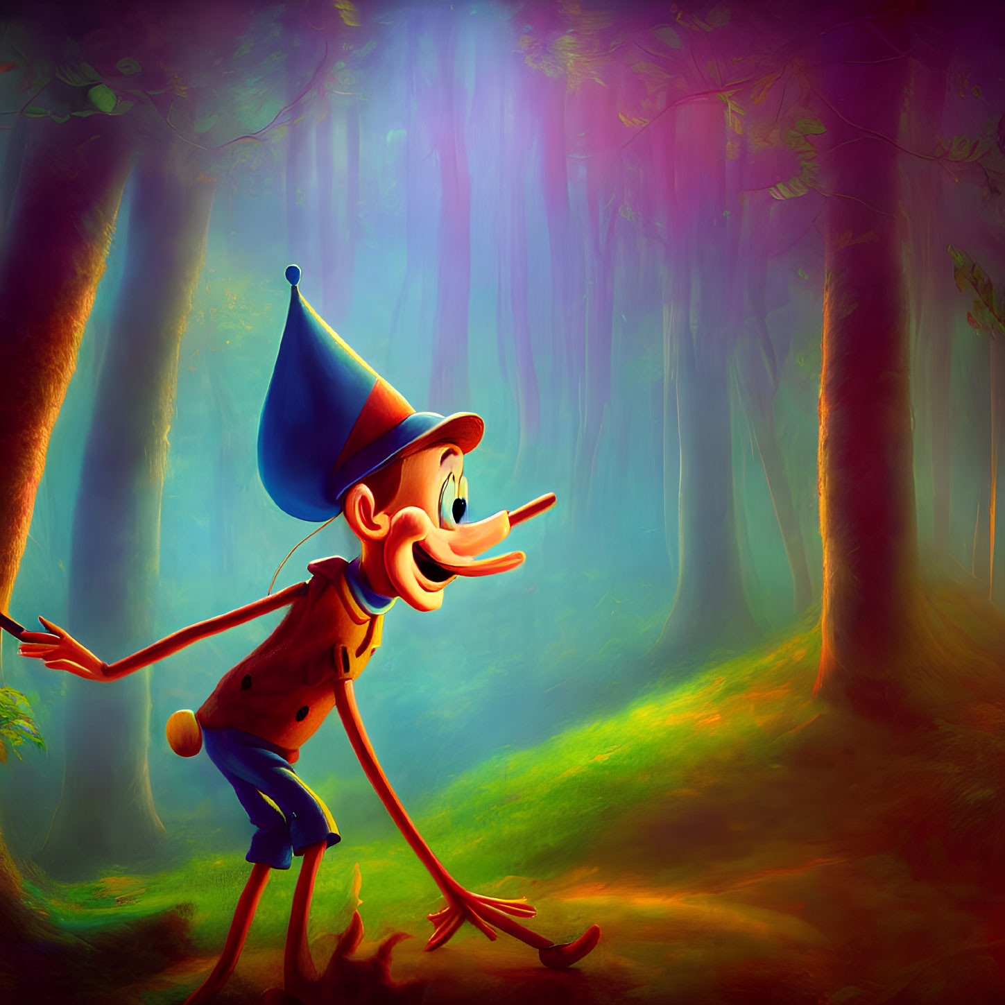 Pinocchio with Long Nose in Blue Hat tiptoeing in Enchanted Forest