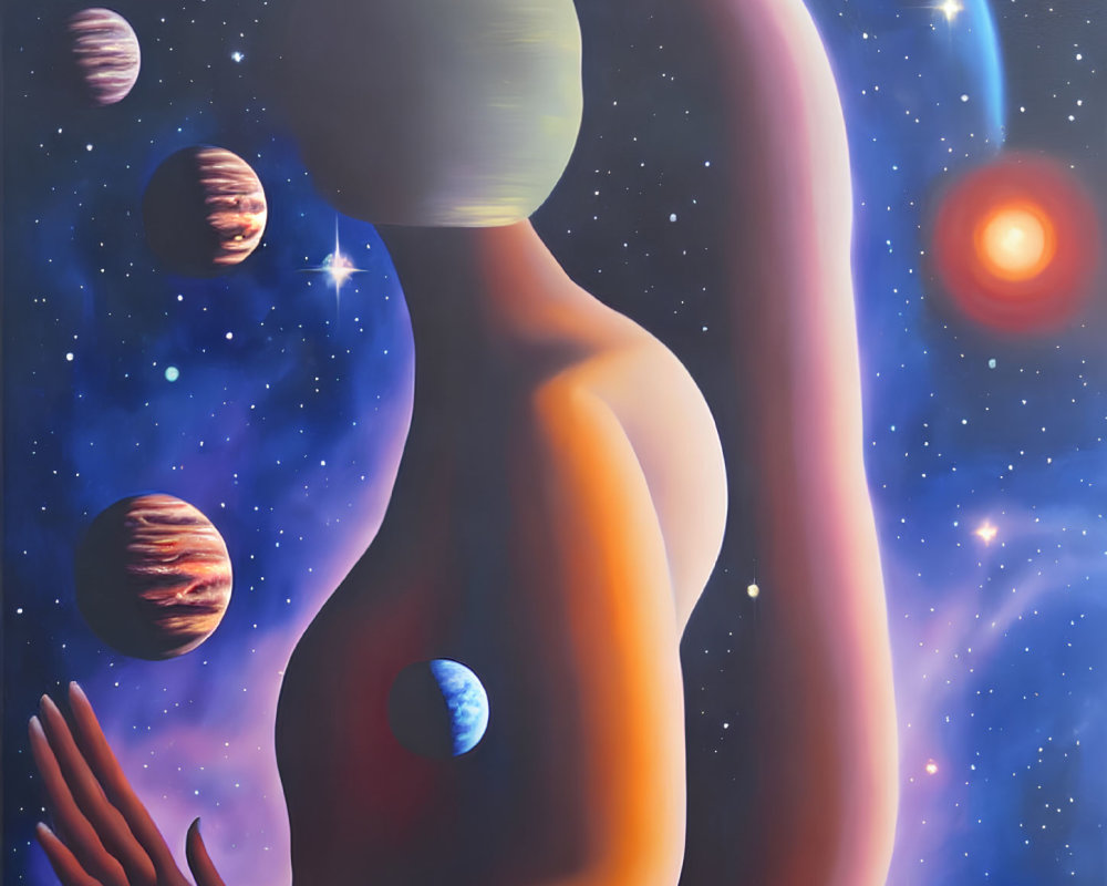 Surreal nude figure merging with cosmic backdrop and vibrant colors