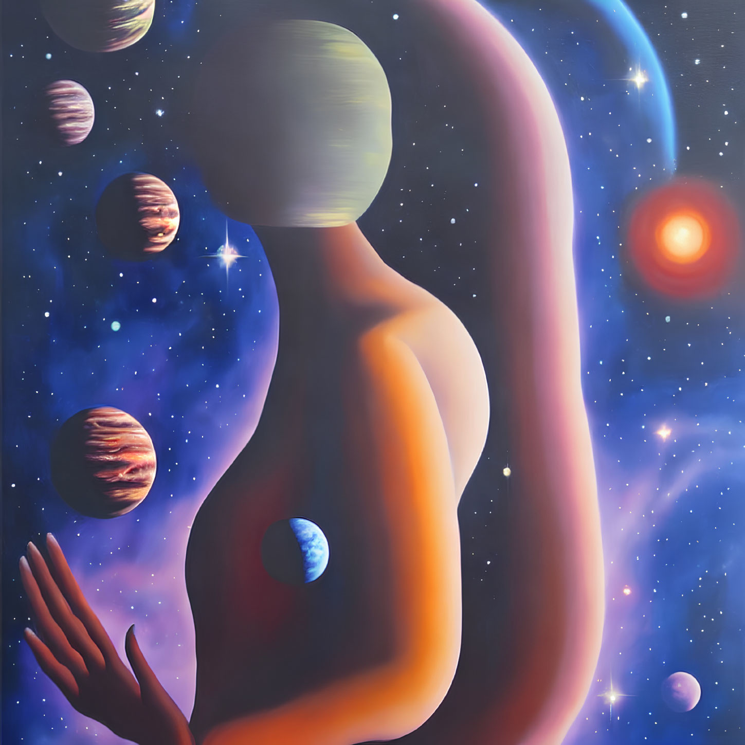 Surreal nude figure merging with cosmic backdrop and vibrant colors