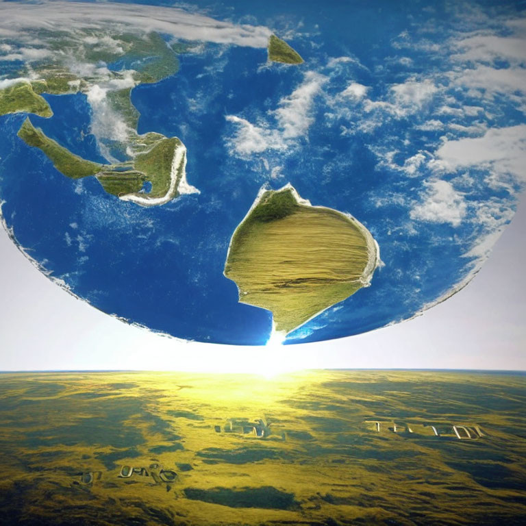 Surreal inverted Earth view with continents casting shadows