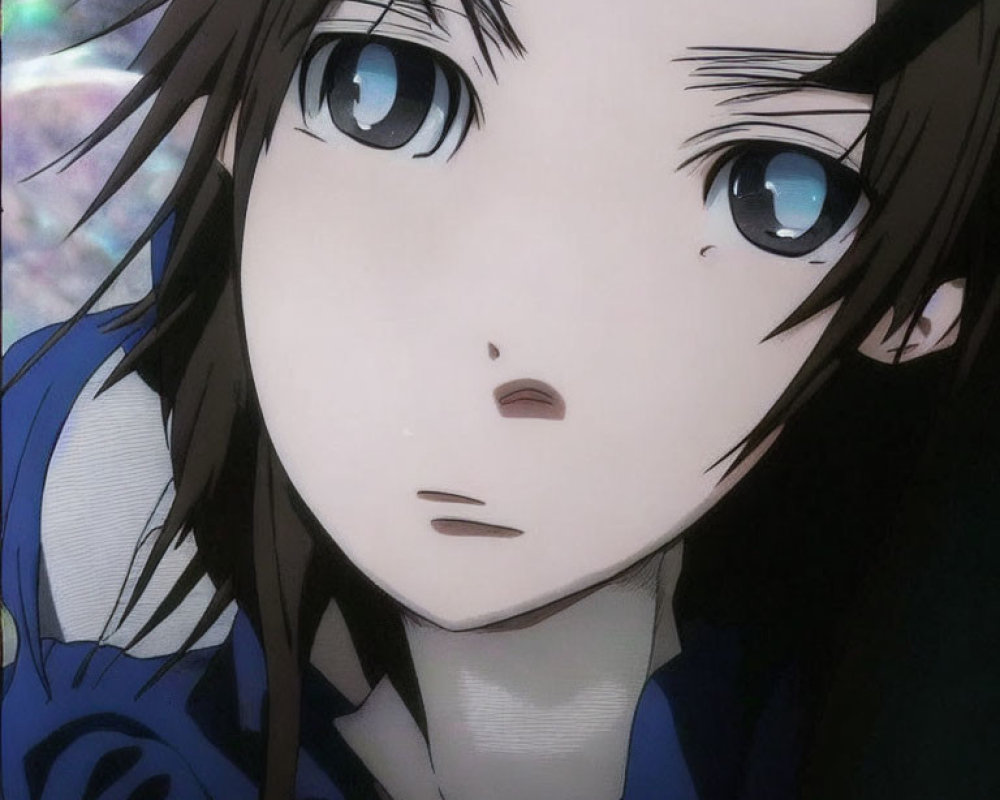 Anime character with large blue eyes and tear, showing sadness.