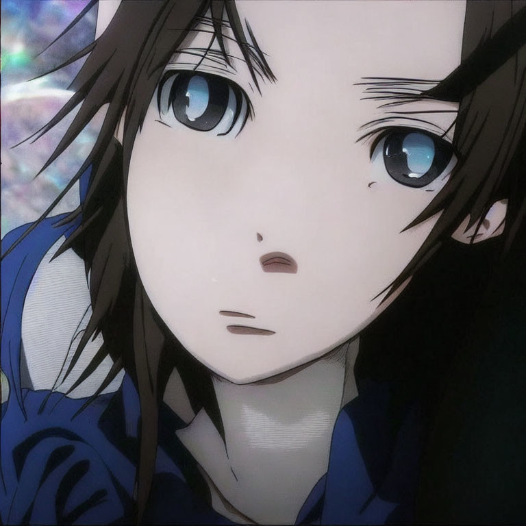 Anime character with large blue eyes and tear, showing sadness.