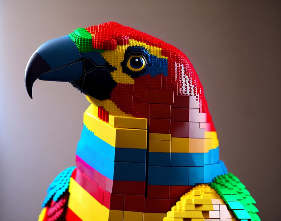 Colorful Plastic Brick Parrot on Soft Brown Background