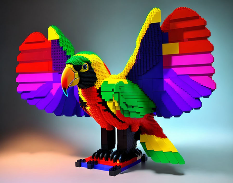 Colorful Lego Parrot Sculpture with Spread Wings in Rainbow Palette