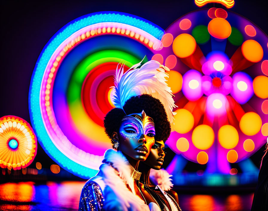 Colorful Carnival Makeup and Feather Adornments in Front of Illuminated Ferris Wheels