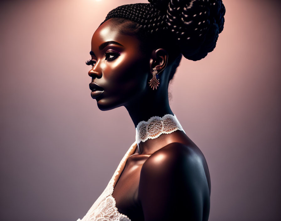 Profile view of elegant woman with braided updo, lace attire, and earrings under dramatic lighting