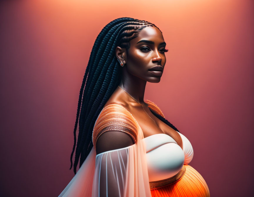 Elegant woman with braided hair in white and orange dress against warm backdrop