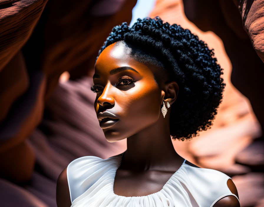 Dark-skinned woman with curly black hair against reddish-brown canyon backdrop in sunlight