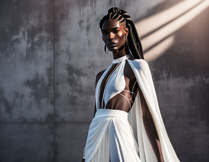 Stylish individual with intricate braided hair in white outfit against textured wall