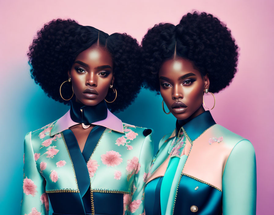 Two Women with Voluminous Afros in Floral Blazers on Blue-Pink Gradient Background