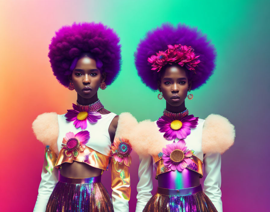 Vibrant purple afros and floral attire on models with gradient backdrop