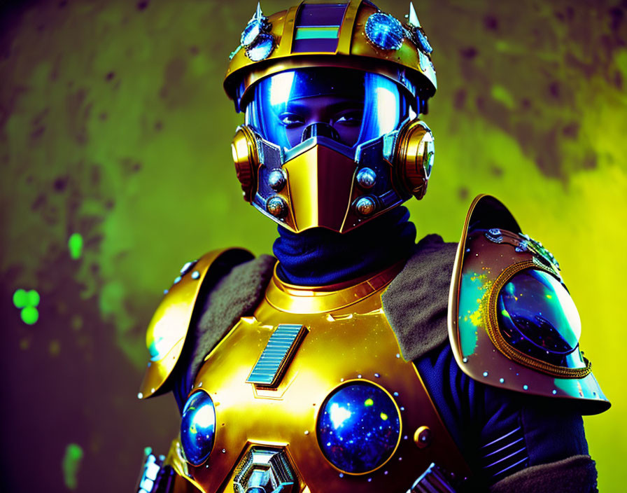 Futuristic armored person under green and yellow lighting