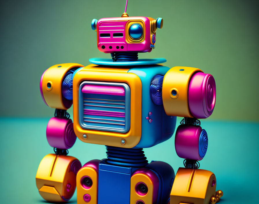 Vibrant cartoon robot with square body and round head in yellow, blue, and pink on green