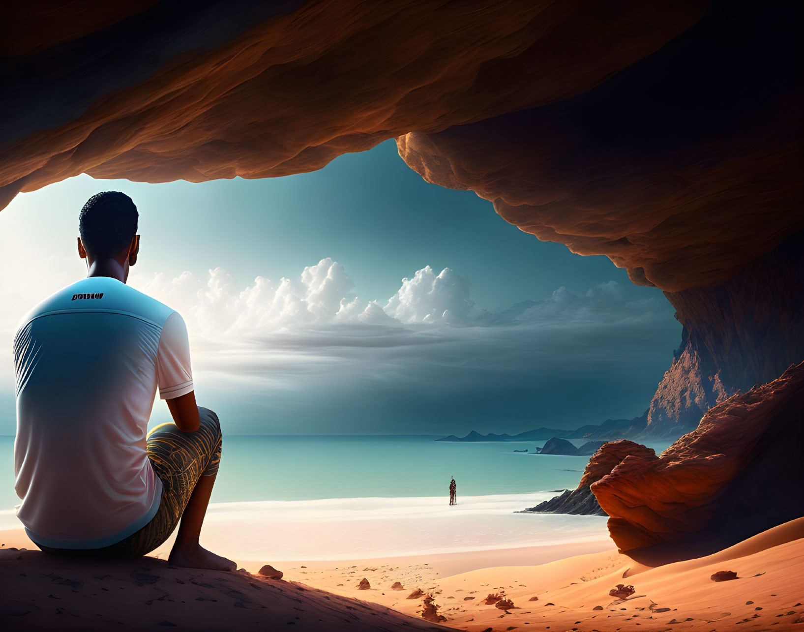 Person sitting in cave overlooking beach with distant figure under dramatic sky