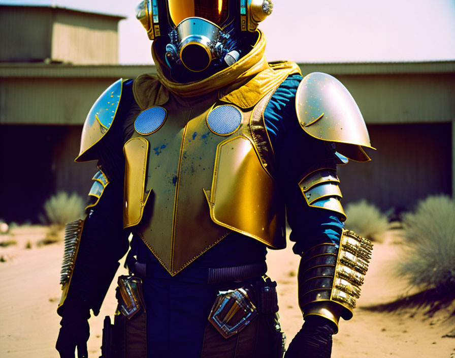 Futuristic gold and blue armored person in desert setting