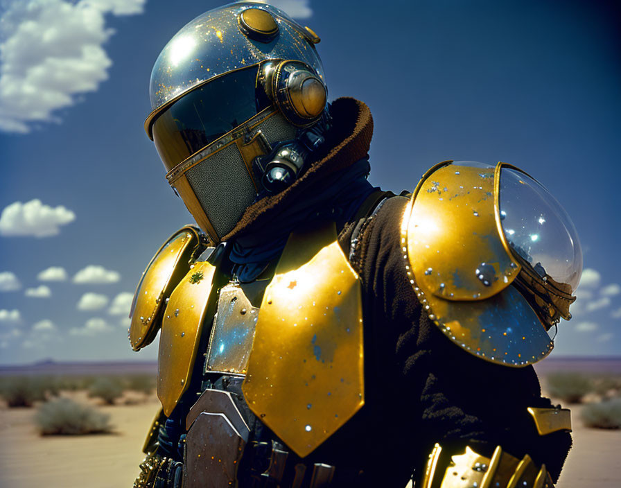 Futuristic gold and black armor figure in desert landscape