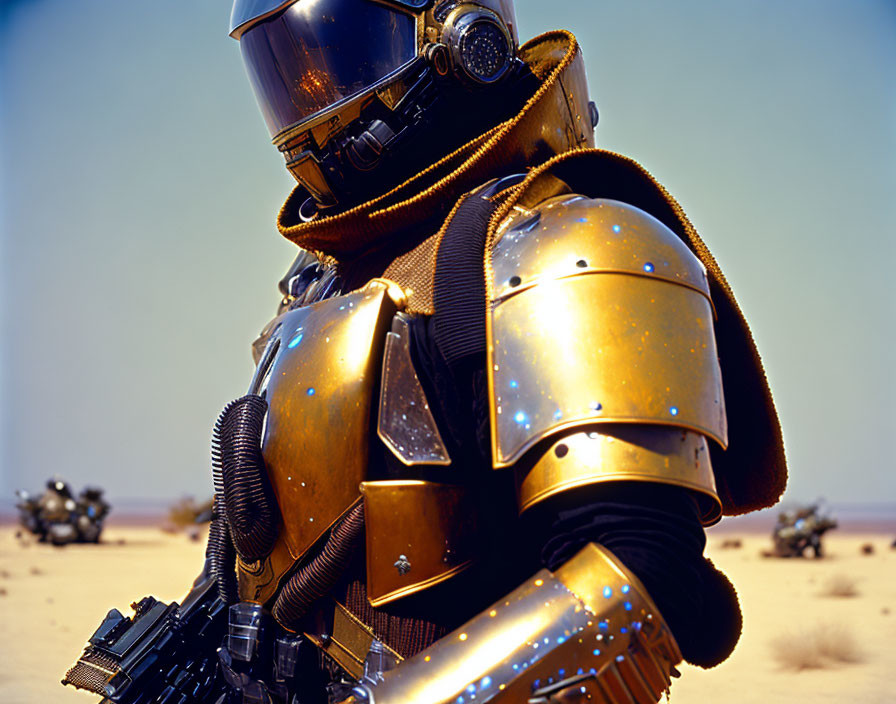 Futuristic golden armor figure in desert landscape