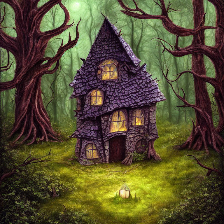 Illustration of quaint stone house in eerie forest with twisted trees.