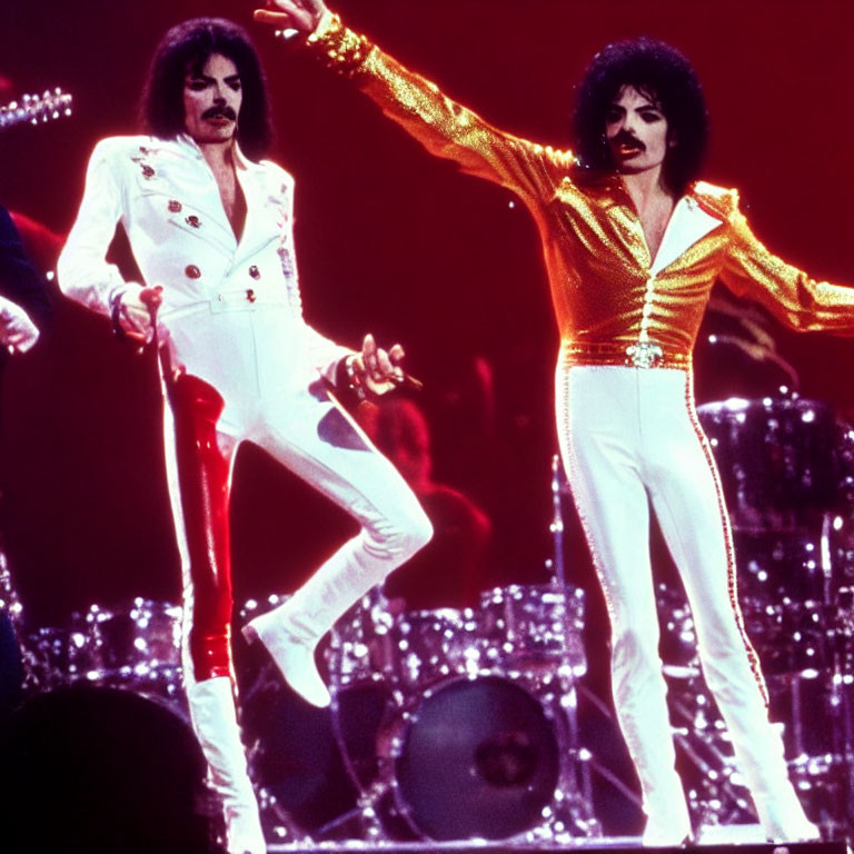 Two performers in white and gold costumes on stage with red backdrop.