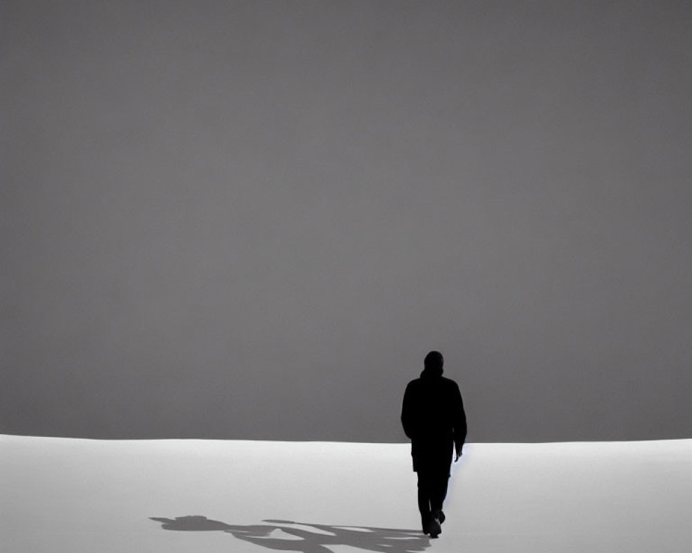 Solitary figure casting long shadow in snowy landscape