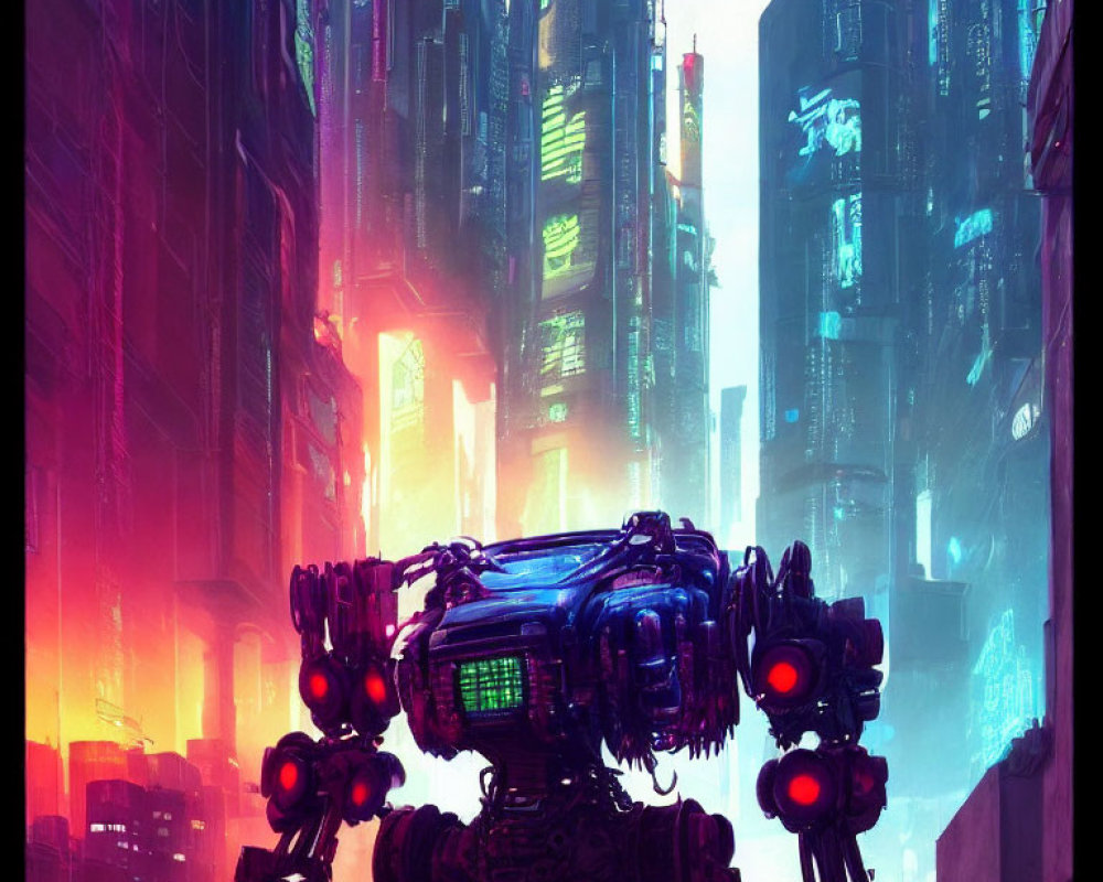 Detailed Mech in Neon-Lit Futuristic Cityscape