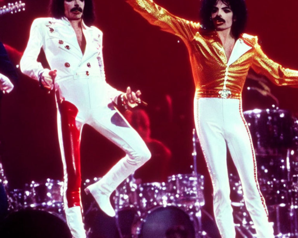 Two performers in white and gold costumes on stage with red backdrop.