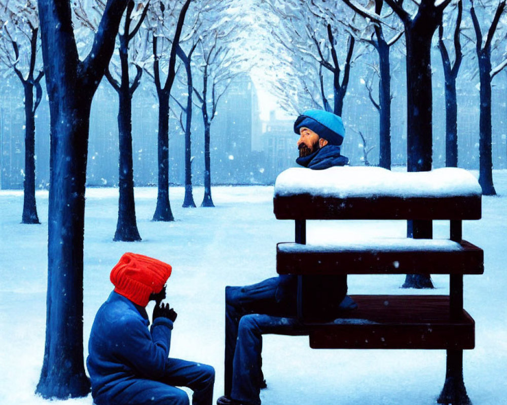 Colorful Beanie-Wearing Individuals in Snow-Covered Park