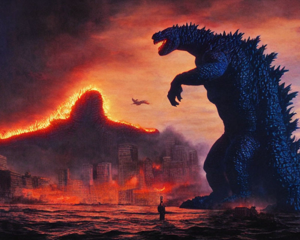 Giant Godzilla in burning cityscape with lava flow and flying creature