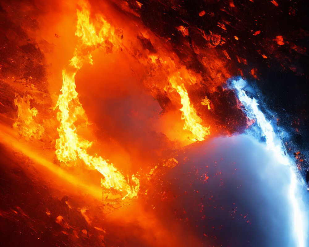 Apocalyptic digital artwork: Fiery clash with calm blue planet