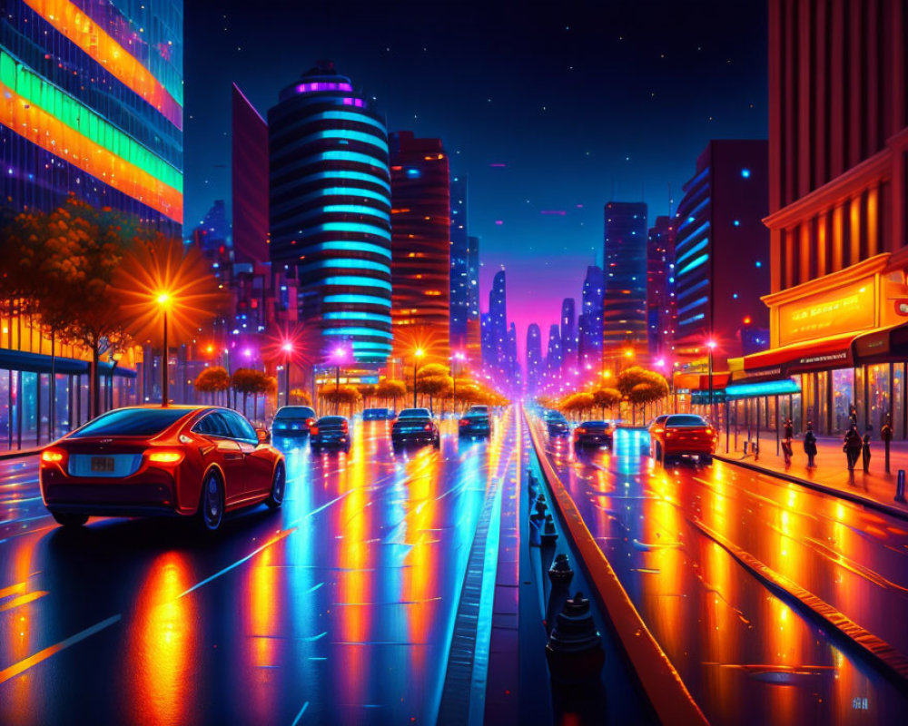 Twilight cityscape: illuminated streets, futuristic cars, neon skyscrapers