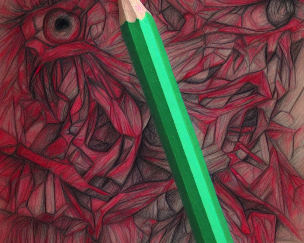 Green pencil on red and pink geometric pattern drawing.