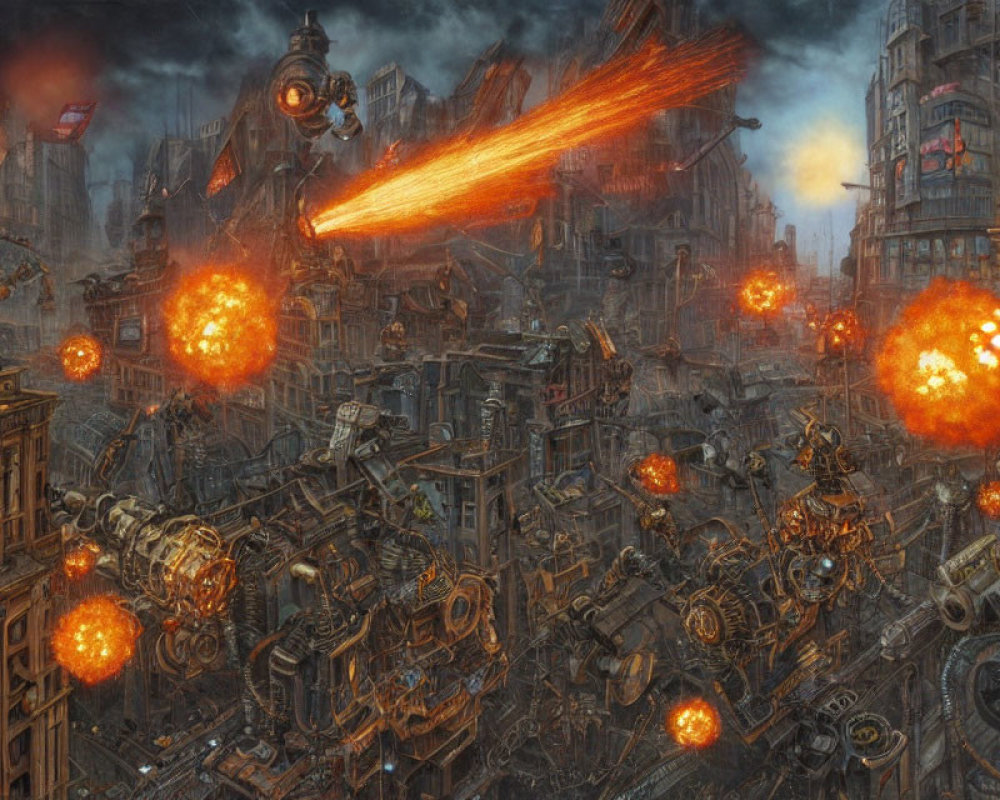 Dystopian cityscape with fiery explosions and flying machines