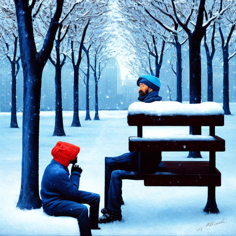 Colorful Beanie-Wearing Individuals in Snow-Covered Park