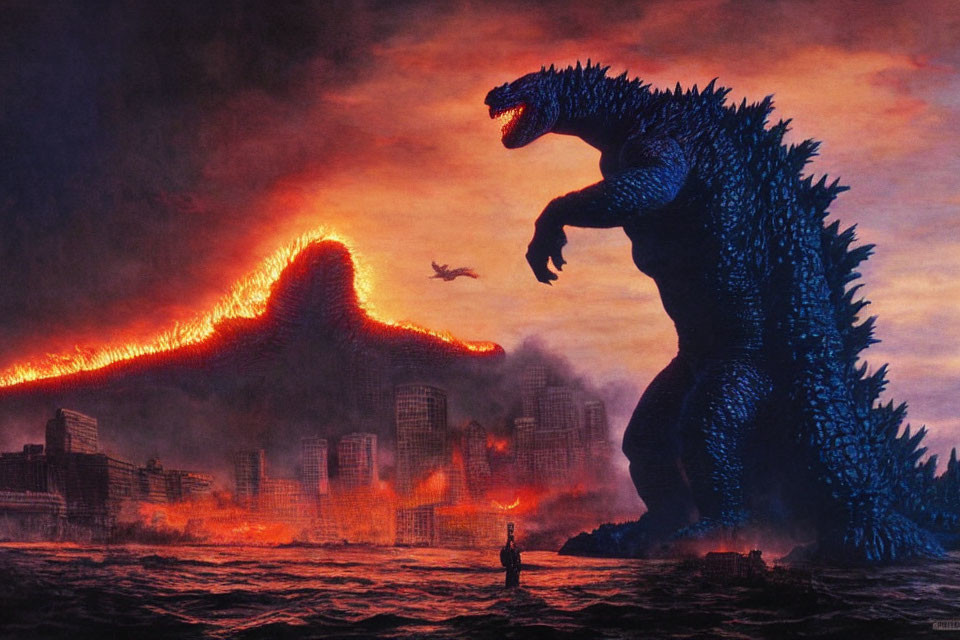 Giant Godzilla in burning cityscape with lava flow and flying creature