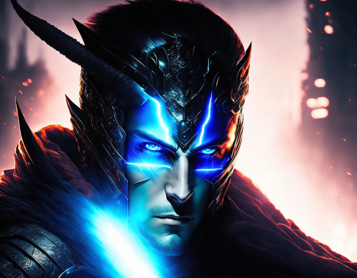 Person with Glowing Blue Eyes in Intricate Armor and Horned Helmet