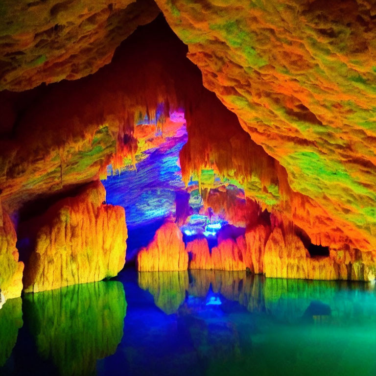 Vibrant illuminated cave with stalactites and reflective water