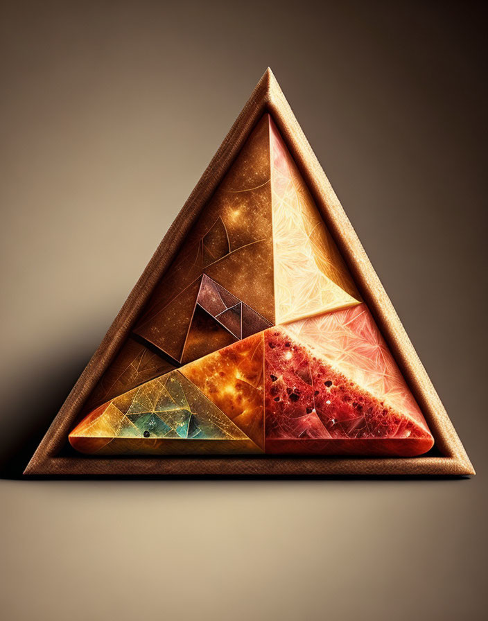 Textured Triadic Pyramid Sculpture on Gradient Brown Background