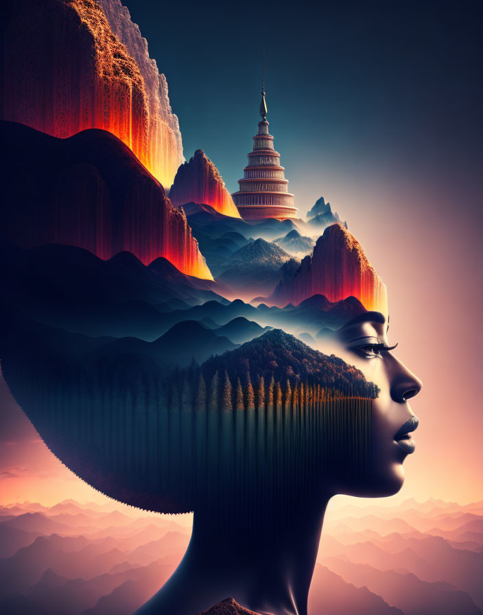 Surreal portrait merging woman's profile with mountain landscape